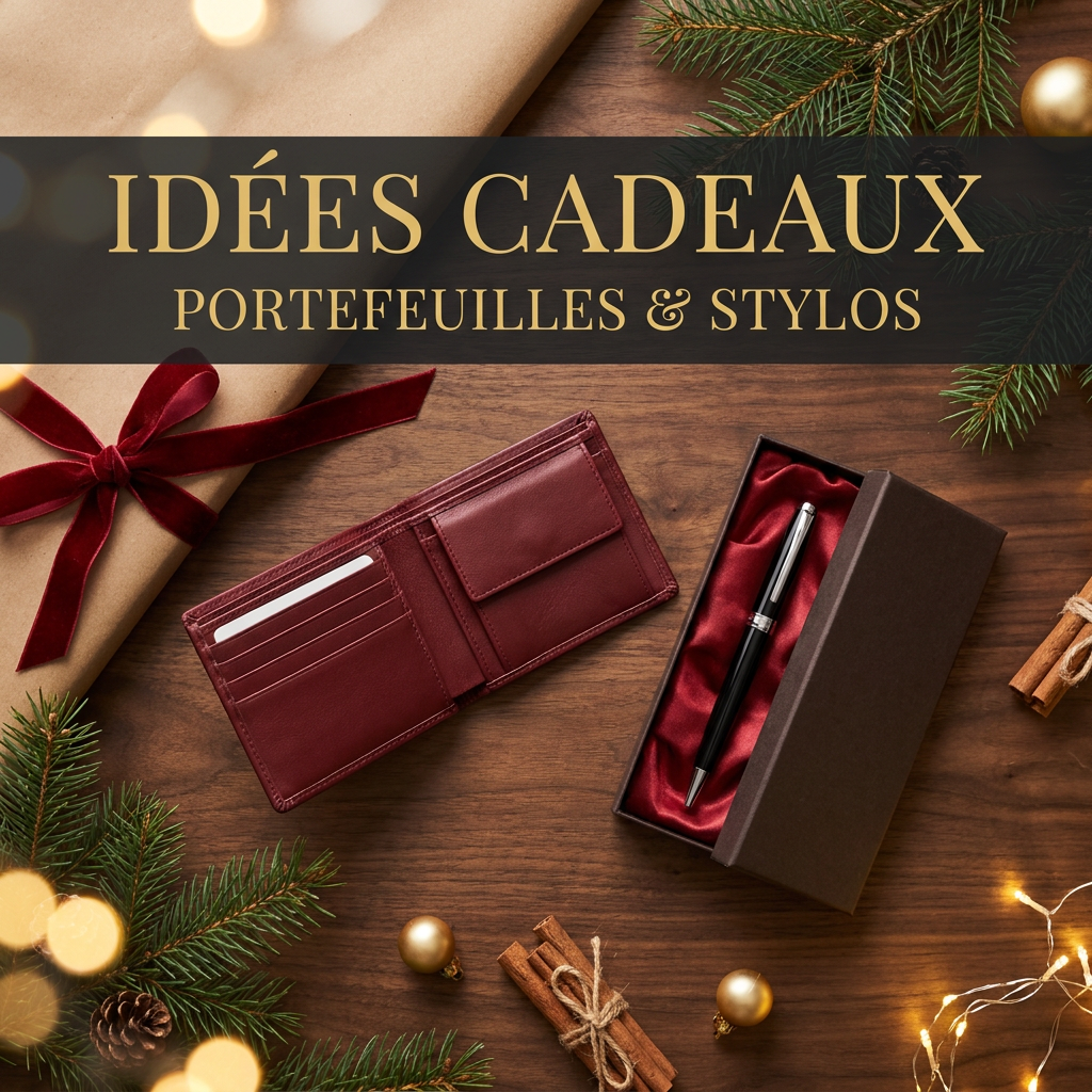 Idées cadeaux : portefeuille en cuir bordeaux et stylo en coffret